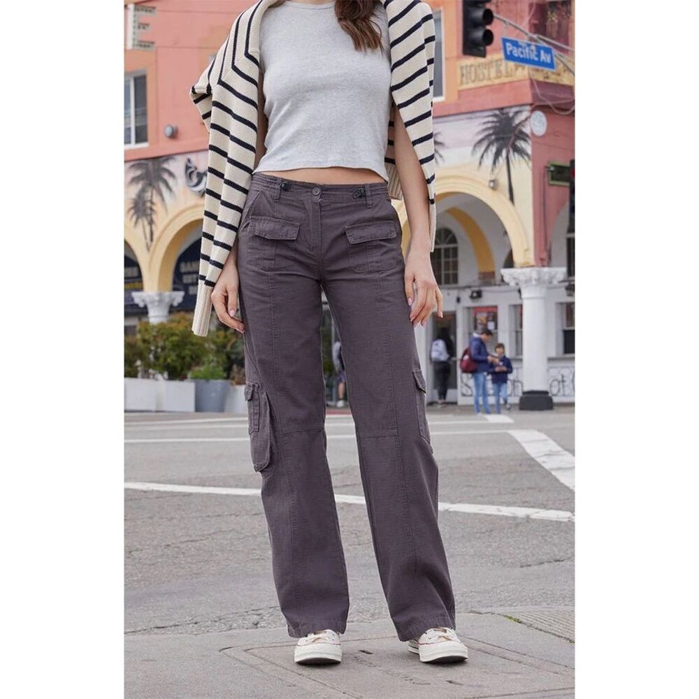 Brandy Melville Y2K Kim Cargo Pants Womens OS Brown Front Seam Utility Wide Leg